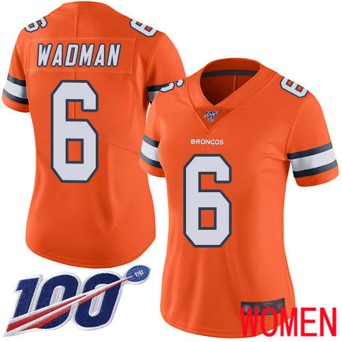 Women Denver Broncos #6 Colby Wadman Limited Orange Rush Vapor Untouchable 100th Season Football NFL Jersey